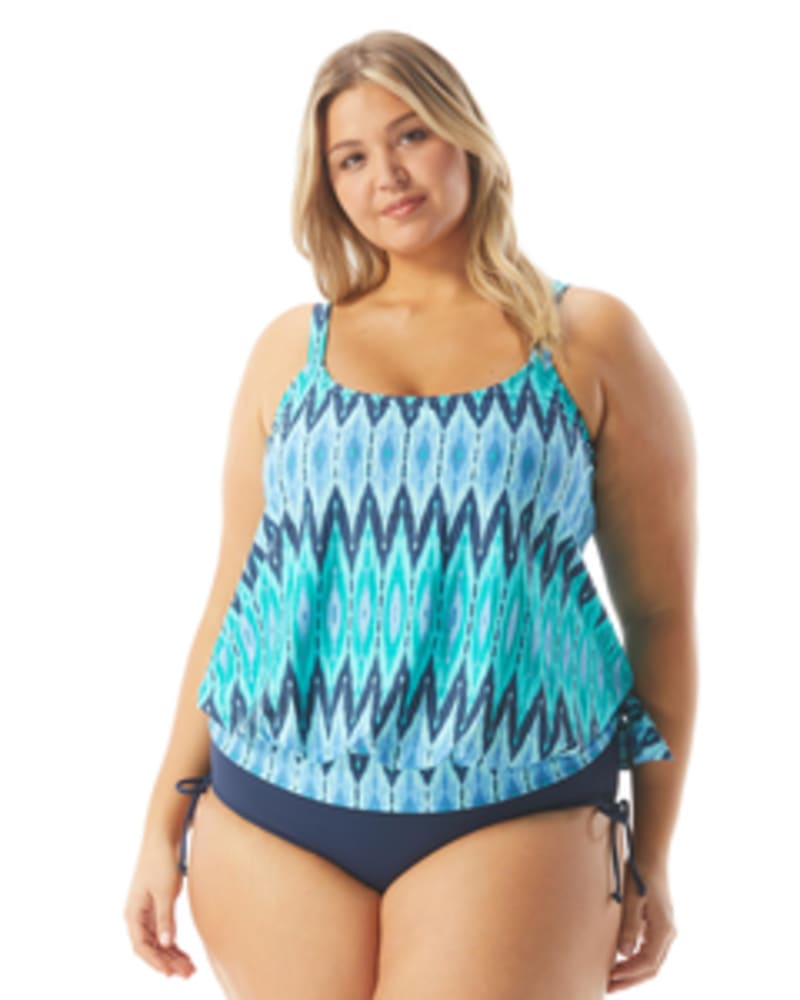 Front of a model wearing a size 16W Sarah Geometric Side Tie Tankini Top in ADMIRAL by Beach House Woman. | dia_product_style_image_id:269181